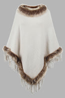 Greta - Luxuriöser Poncho mit Fransen und Kunstfellkragen