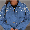 Luisa - Langärmelige Jeansjacke mit Knöpfen und Perlenverzierung