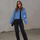 Luisa - Langärmelige Jeansjacke mit Knöpfen und Perlenverzierung