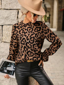 Aria - Langärmelig Plissiert Kragen Leopard Bluse
