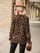 Aria - Langärmelig Plissiert Kragen Leopard Bluse