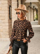 Aria - Langärmelig Plissiert Kragen Leopard Bluse