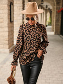 Aria - Langärmelig Plissiert Kragen Leopard Bluse