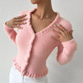 Romy - Bequemer V Ausschnitt Strickjacke mit Rüschenbesatz und langen Ärmeln
