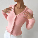 Romy - Bequemer V Ausschnitt Strickjacke mit Rüschenbesatz und langen Ärmeln