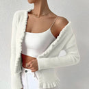 Romy - Bequemer V Ausschnitt Strickjacke mit Rüschenbesatz und langen Ärmeln