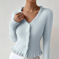 Romy - Bequemer V Ausschnitt Strickjacke mit Rüschenbesatz und langen Ärmeln