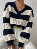Freya - Langärmeliger Gestreift V Ausschnitt Loser Pullover