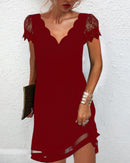 Maya - Elegantes Kurz Ärmel Spitze V Ausschnitt Kleid