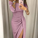 Romy – Schulterfrei Plisseekleid mit langen Ärmeln und seitlichem Schlitz