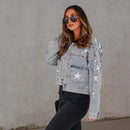 Luisa - Langärmelige Jeansjacke mit Knöpfen und Perlenverzierung