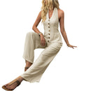 Jasmin – Lässiger Jumpsuit mit Knopfleiste vorne und V Ausschnitt und Taschen