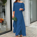 Isla - Elegantes schulterfreies Maxikleid mit langen Ärmeln und bequemer Passform