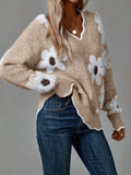 Clara - Lässiger V-Ausschnitt Pullover mit Blumenmuster und langen Ärmeln