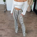 Emilia – Bequeme Schlanke Passform Flare Hosen mit hohem Gummizug und Aufdruck