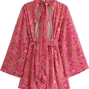 Gisela - Stehkragen Blumendruck Kleid mit langen Ärmeln und rückenfreie Krawatte