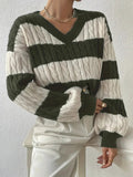 Pauline - Lässiger Langärmelig V Ausschnitt Gestreift Strickpullover