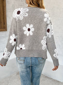 Emilia - Langärmelig V Ausschnitt Blumendruck Strickjacke Mit Knöpfen