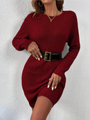 Ava - Langärmelig Rundhalsausschnitt Strickpullover Kleid Mit Gürtel