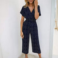 Zelinde - Lässiger V Ausschnitt Tupfenmuster Jumpsuit mit kurzen Ärmeln