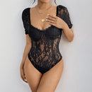 Paula – Bodysuit mit floralen Puffärmeln und quadratischem Ausschnitt