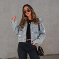 Luisa - Langärmelige Jeansjacke mit Knöpfen und Perlenverzierung