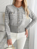 Schicker Grau karierter Strick-Cardigan mit Knopfleiste für Damen | Victoria