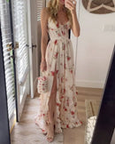 Gisela – Modisches ärmelloses bedrucktes Kleid mit Spaghettiträgern und Seitenschlitz