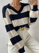 Freya - Langärmeliger Gestreift V Ausschnitt Loser Pullover