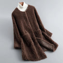 Maya - Langärmelige Rundhalsausschnitt Pelz Jacke Mit Taschen