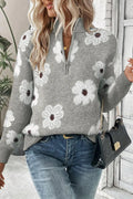 Gisela - Langärmelig Blümchenmuster Halb Reißverschluss Pullover
