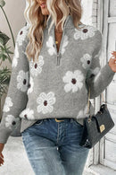 Gisela - Langärmelig Blümchenmuster Halb Reißverschluss Pullover