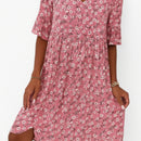 Angelika – Lässiges florales Midikleid mit V Ausschnitt und kurzen Ärmeln