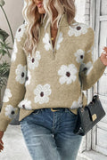 Gisela - Langärmelig Blümchenmuster Halb Reißverschluss Pullover