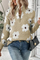 Gisela - Langärmelig Blümchenmuster Halb Reißverschluss Pullover