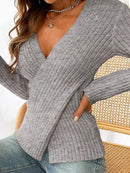 Marie - Langärmelig Gerippt Wickeln Strickpullover