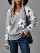 Clara - Lässiger V-Ausschnitt Pullover mit Blumenmuster und langen Ärmeln