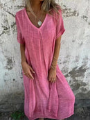 Emma - Kurzärmeliges Midikleid mit V Ausschnitt und lockerer Passform