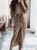 Heike - Lässiges Langarmkleid mit Knopfleiste vorne und Gürtel Taille