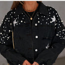 Luisa - Langärmelige Jeansjacke mit Knöpfen und Perlenverzierung