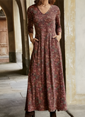 Thalia - Langärmeliges Maxikleid mit V Ausschnitt und Taschen
