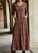 Thalia - Langärmeliges Maxikleid mit V Ausschnitt und Taschen
