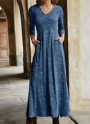 Thalia - Langärmeliges Maxikleid mit V Ausschnitt und Taschen