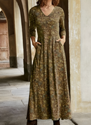 Thalia - Langärmeliges Maxikleid mit V Ausschnitt und Taschen