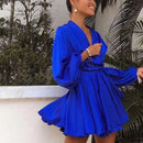 Helga - V Ausschnitt Laternenhülsen Fließender Mini Kleid