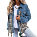 Ottilie - Langärmelige Karierter Druck Denim Jacke Mit Schaltflächen