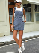 Hanna - Ärmelloses Schrägstrich Taschen Schultergurte Denim Kleid