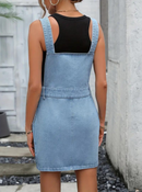 Hanna - Ärmelloses Schrägstrich Taschen Schultergurte Denim Kleid