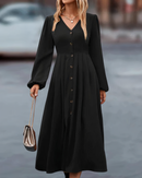 Zemira - Lässiges langen Ärmeln Kleid mit V Ausschnitt und Knopfdetails