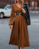 Zemira - Lässiges langen Ärmeln Kleid mit V Ausschnitt und Knopfdetails